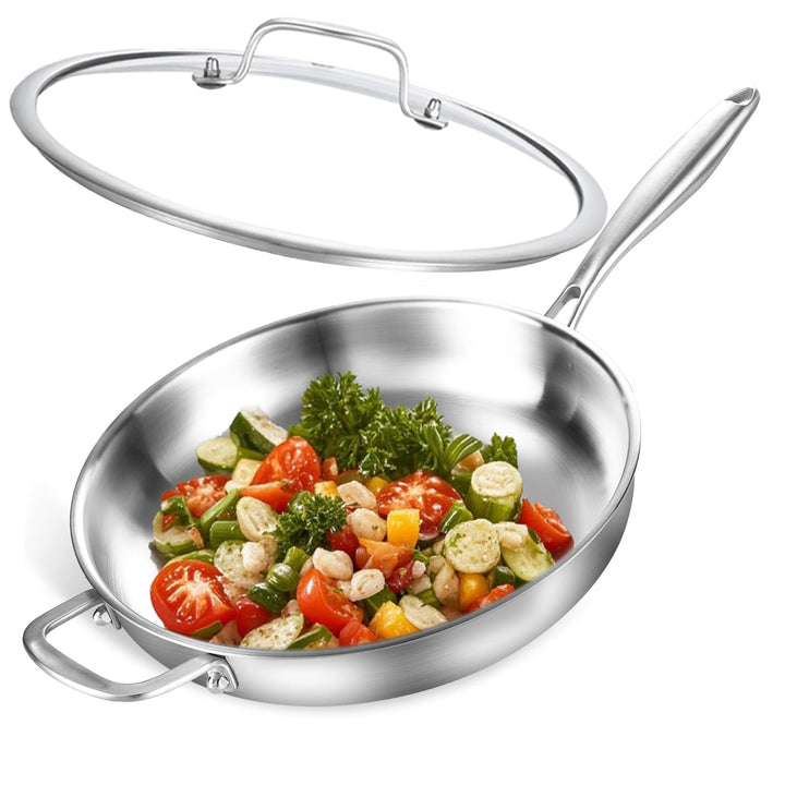 Dreilagige Edelstahl Bratpfanne mit Deckel 30cm,Edelstahlpfanne Unbeschichtet,Induktions Pfanne,Hoch