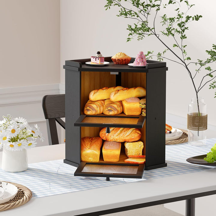 HOOBRO Brotkasten Bambus, 2-lagige Brotkorb mit Oberem Fach, Brotbox, Brotaufbewahrung für Brötchen