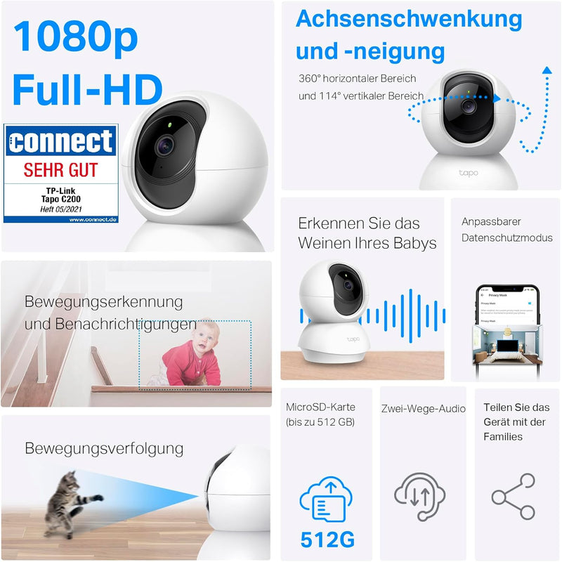 Tapo TP-Link C200P2 360° Überwachungskamera für den Innenbereich, 1080P, Nachtsicht, Bewegungserkenn
