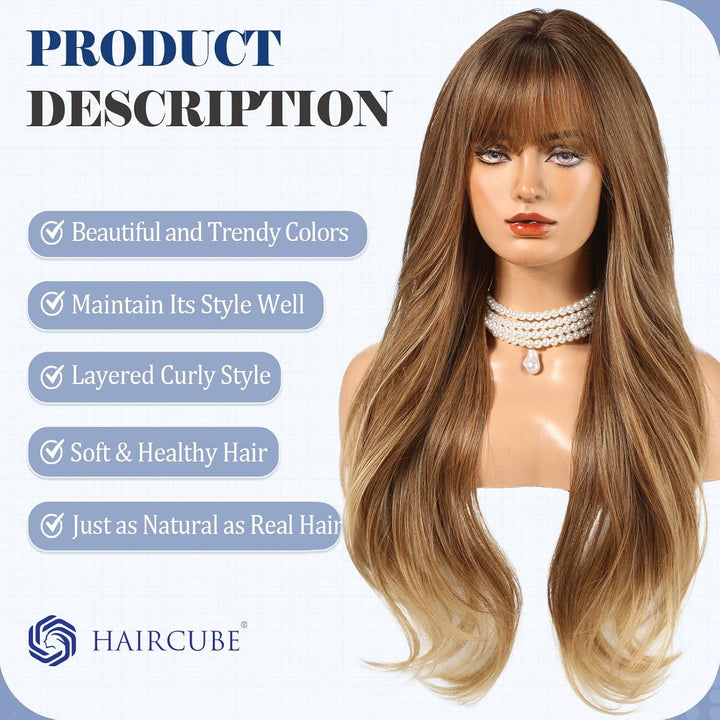 HAIRCUBE Lange Ombre-Perücke in Braun mit Pony, geschichtete lockige Perücken für Frauen, natürliche