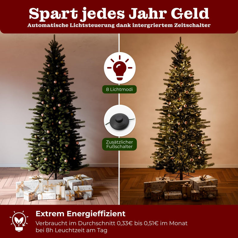 BoomDing Schmaler Weihnachtsbaum mit Beleuchtung | 210 cm hoch und 380 LED | Naturgetreuer künstlich
