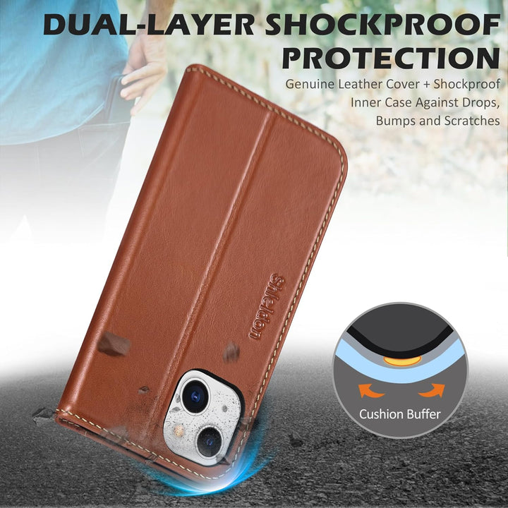 SHIELDON Hülle für iPhone 13 Handyhülle 5G [Echtleder] [Kartenfach] [Magnet] [Standfunktion] [RFID-S