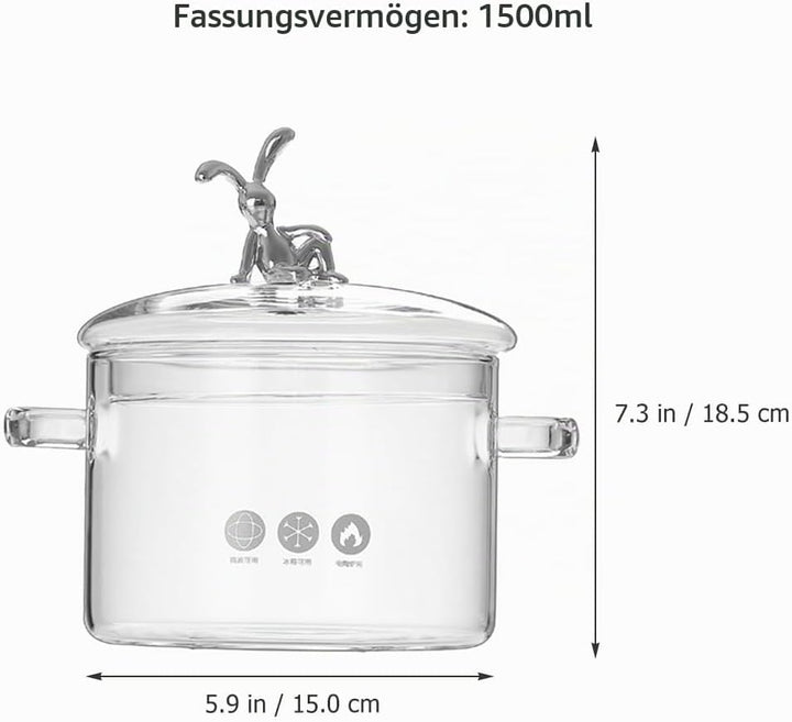 Kichvoe Glas Eintopftopf Mit Deckel 1.5L Borosilikat Hohe WäRmebestäNdigkeit Doppelgriffe Transparen