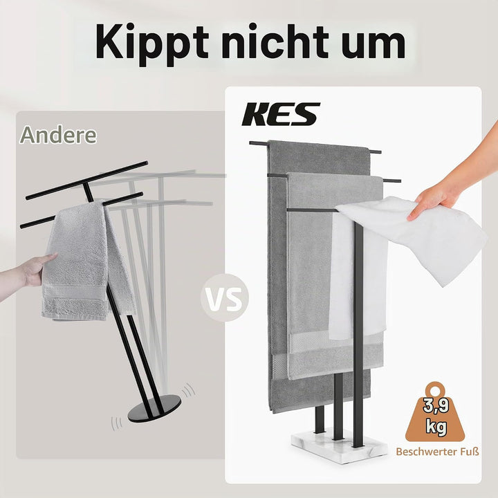 KES Handtuchhalter Stehend Badetuchhalter 3 Stangen Handtuchständer Freistehend Marmor Edelstahl 18/