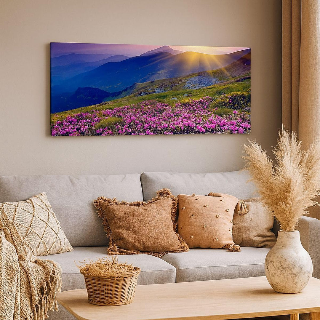 Wandbilder Dekoration Wohnzimmer Wiese Berge Landschaft Panorama Bilder auf Leinwand 120x50cm Leinwa
