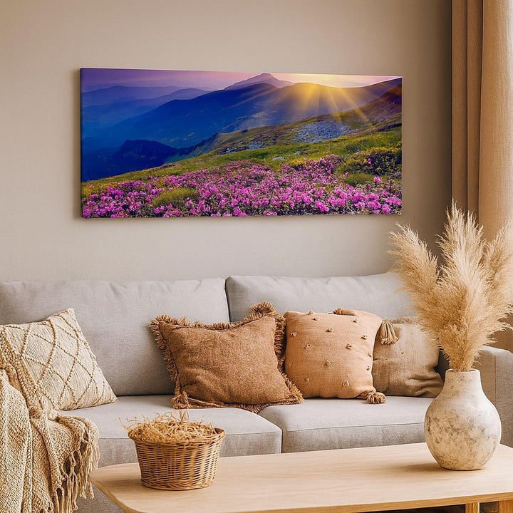 Wandbilder Dekoration Wohnzimmer Wiese Berge Landschaft Panorama Bilder auf Leinwand 120x50cm Leinwa