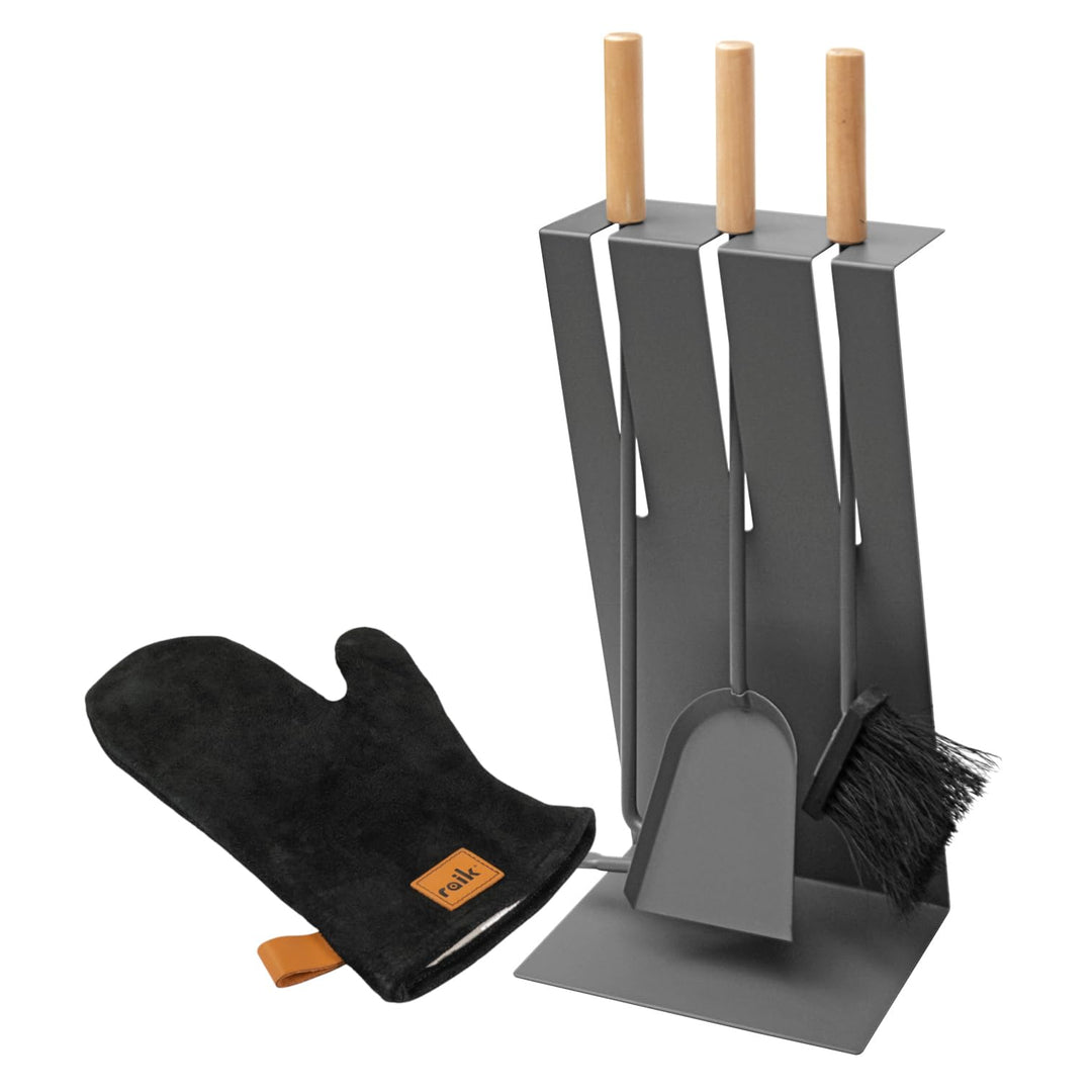raik Kaminbesteck Set Gustav 3-teilig inkl. Rindsleder Ofenhandschuh anthrazit Kamingarnitur mit Hol