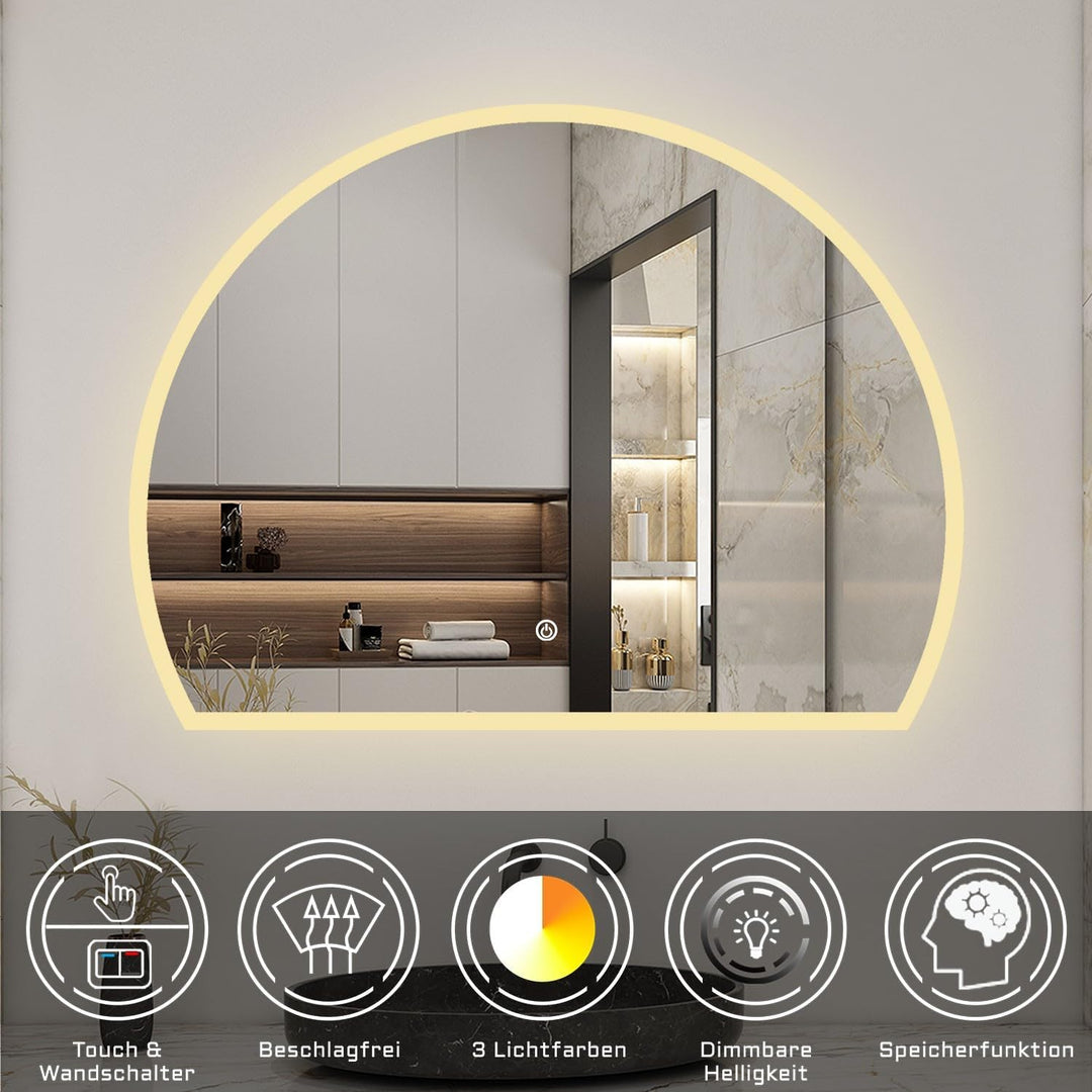 LED Badspiegel 80x60cm Halbrund Badspiegel mit Beleuchtung Anti-Beschlag Wand/Touchschalter 3 Lichfa