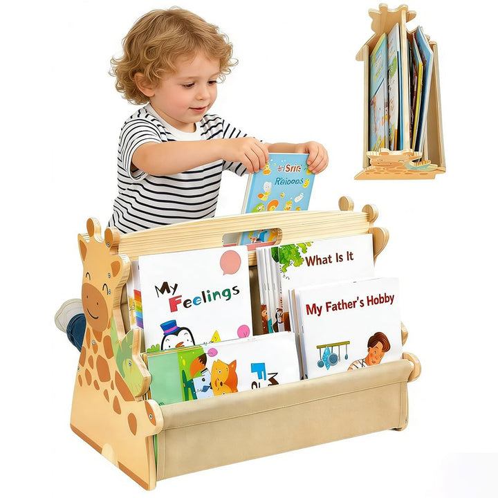 Bücherregal Kinder, doppelseitiges Holzregal mit robusten Canvas-Taschen, mit geschwungenen Kanten,