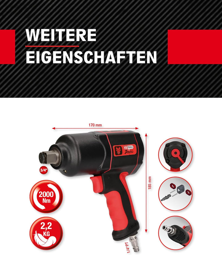 KS Tools 515.3400 3/4" THE DEVIL Hochleistungs-Druckluft-Schlagschrauber, 2000Nm Single, Single