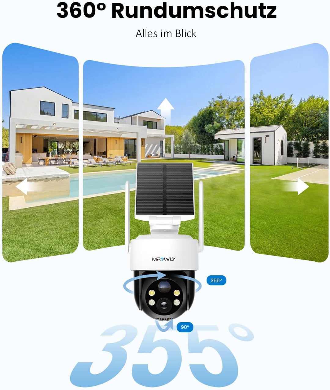 2K Überwachungskamera Aussen Solar, 2er Set, 360° PTZ WLAN | 2 Kameras für Eingang, Garten und Garag