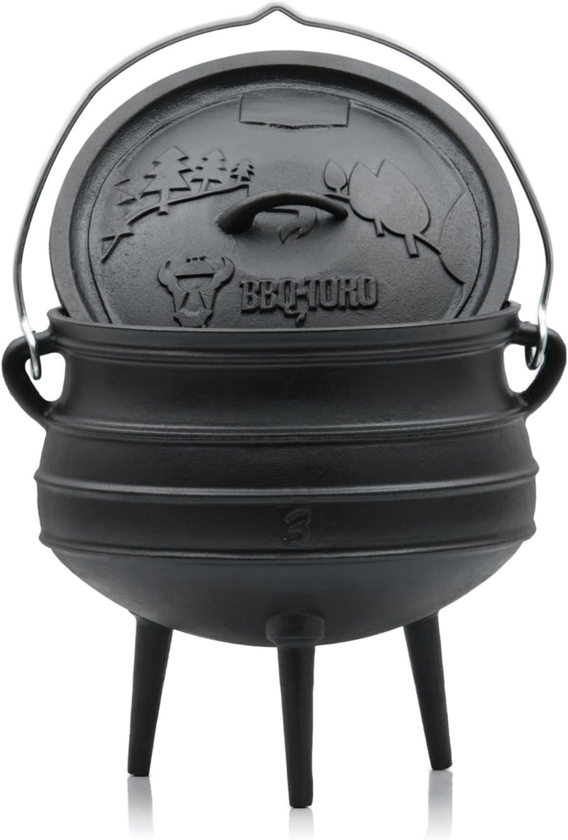 BBQ-Toro Potjie 8 Liter | Gusseisen Hexenkessel mit Füssen | Guss Kochtopf, Feuertopf, Grilltopf, Po