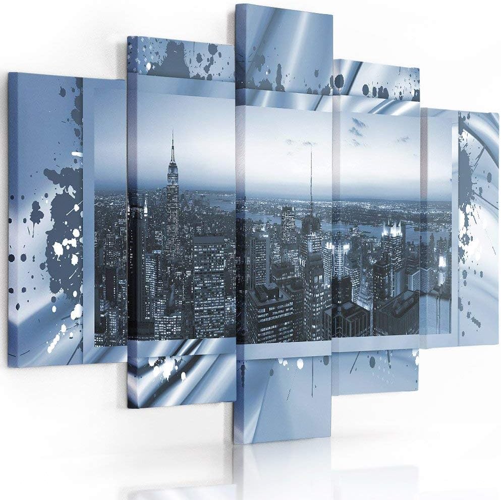 Feeby Frames, Leinwandbild Bilder Wand Bild - 5 Teile - Wandbilder Kunstdruck (New York City, BLAU)