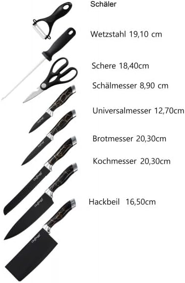 Messer-Set Kochmesser Küchenmesser mit Messerständer 9-tlg. Rungassi Marmor Silber KS 09