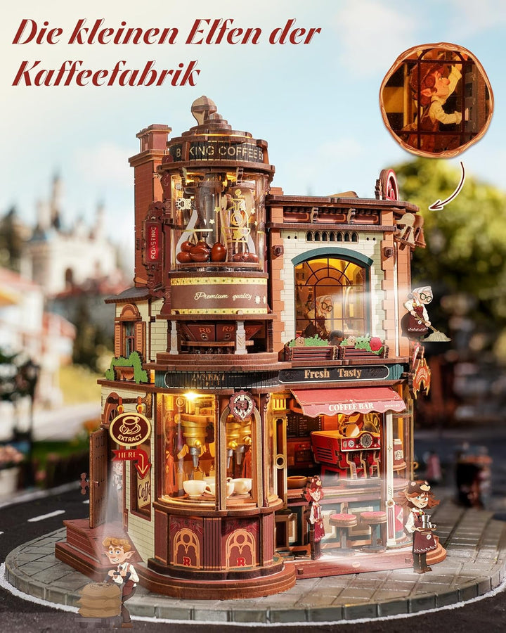 ROKR Dream Coffee Factory EAB02 DIY Miniatur Puppenhaus Spieluhr für Erwachsene, Mechanisches Kaffee