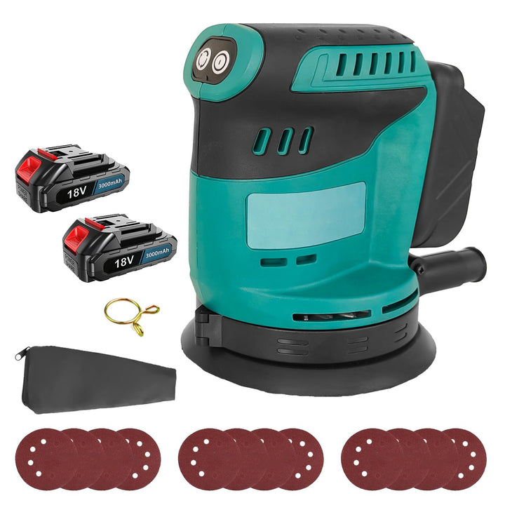 Akku Exzenterschleifer 125mm, Ersatz für Makita DBO180Z, Bürstenloser Akku Schleifer mit 2x 18V 3000