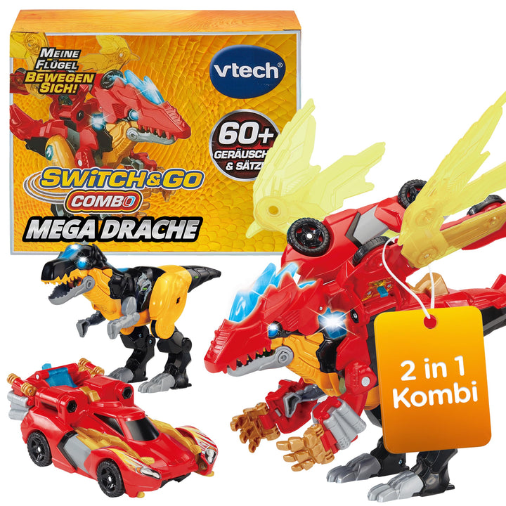 Vtech Switch and Go Dinos - Combo Mega Drache – 2-in-1 Dino-Rennwagen-Transformer mit über 60 Sound-