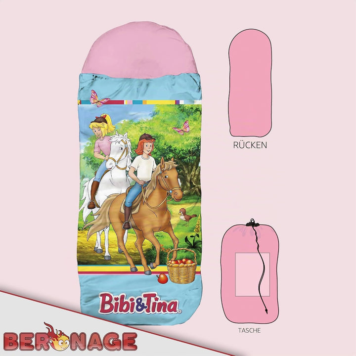 Bibi und Tina Kinder-Schlafsack – Freunde Blau-Rosa, 140 cm + 30 cm (Kapuze) x 70 cm Outdoor/Indoor,