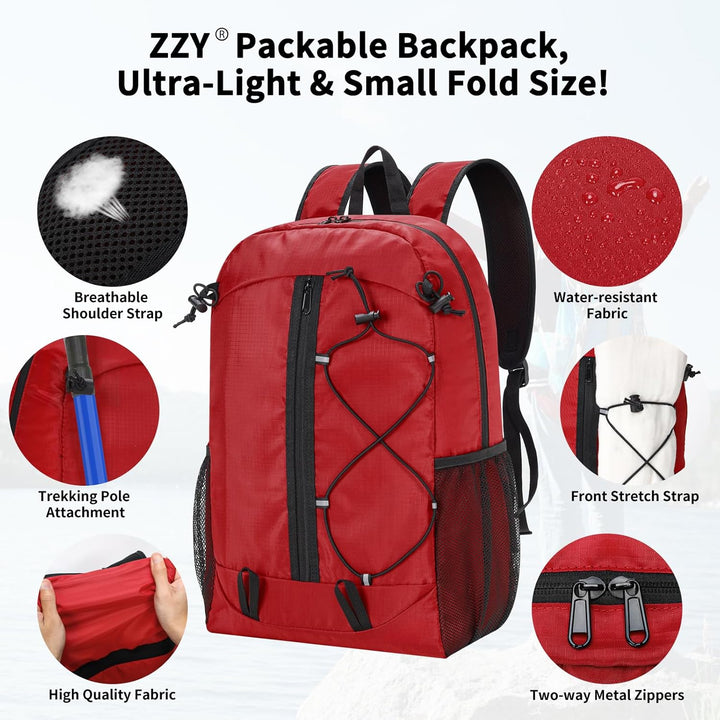ZZY Wanderrucksack 25L Faltbarer Rucksack – Leichter, Wasserfester Tagesrucksack Daypack für Outdoor