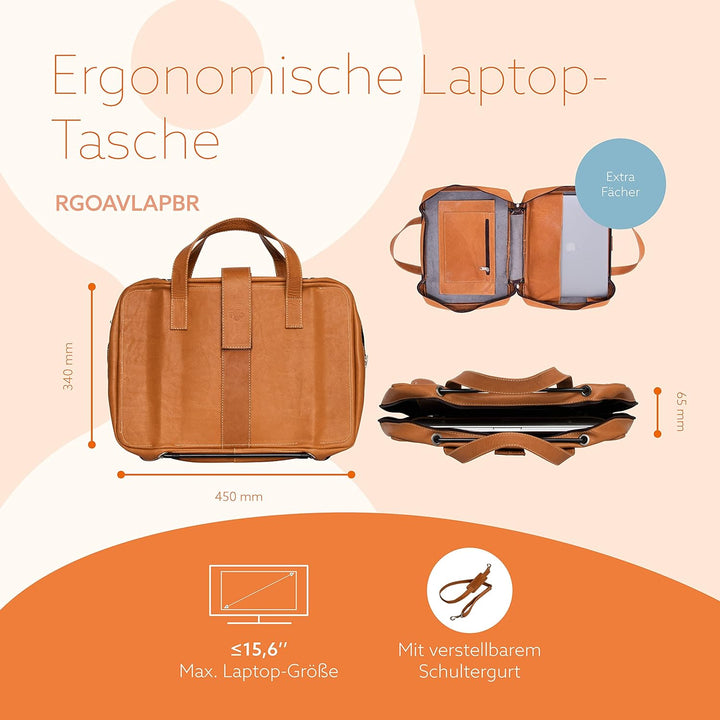 R-GO Viva Laptoptasche, 15.6 Zoll Notebooktasche, Vollnarbenleder (LWG-Zertifizierung), Integrierter