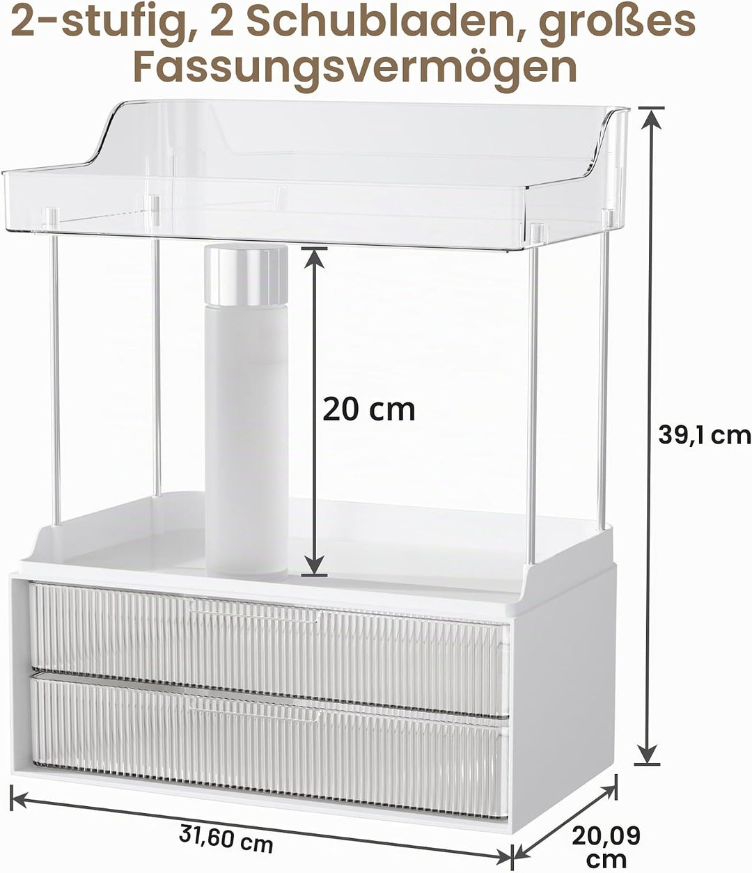 Delamu Make Up Organizer mit 2 Schubladen, 2 Etagen Kosmetik Organizer, Multifunktions Grösser Kosme