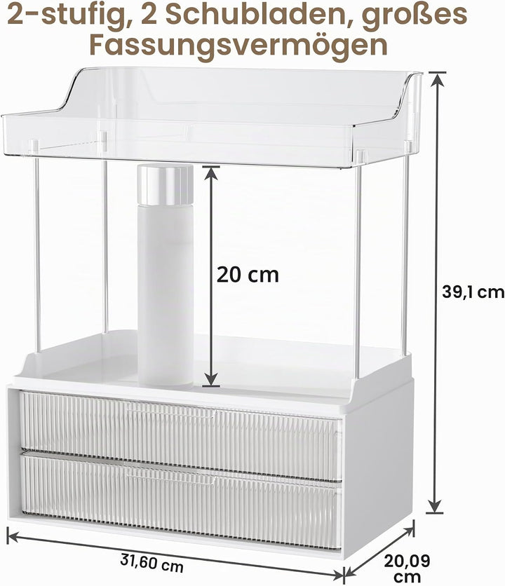 Delamu Make Up Organizer mit 2 Schubladen, 2 Etagen Kosmetik Organizer, Multifunktions Grösser Kosme