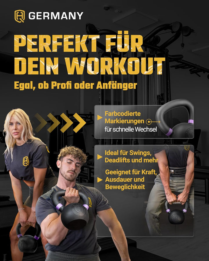 HQ Germany® Kettlebell Powdercoat [Pulverbeschichtung] - Kugelhantel 2-32kg | Vollguss ohne Schweiss