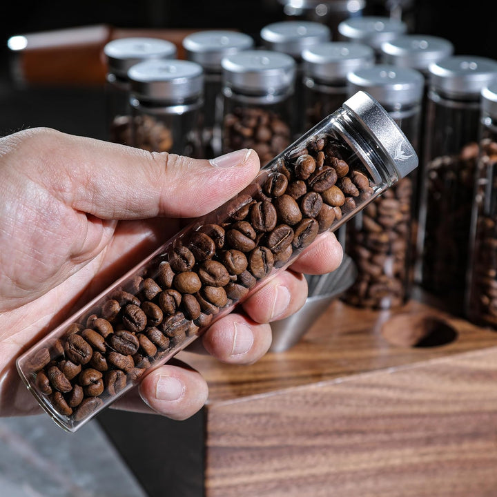 Kaffee Röhrchen Set – 12 Glasröhrchen mit Einweg-Entlüftungsventil, Walnussständer & Edelstahl-Trich