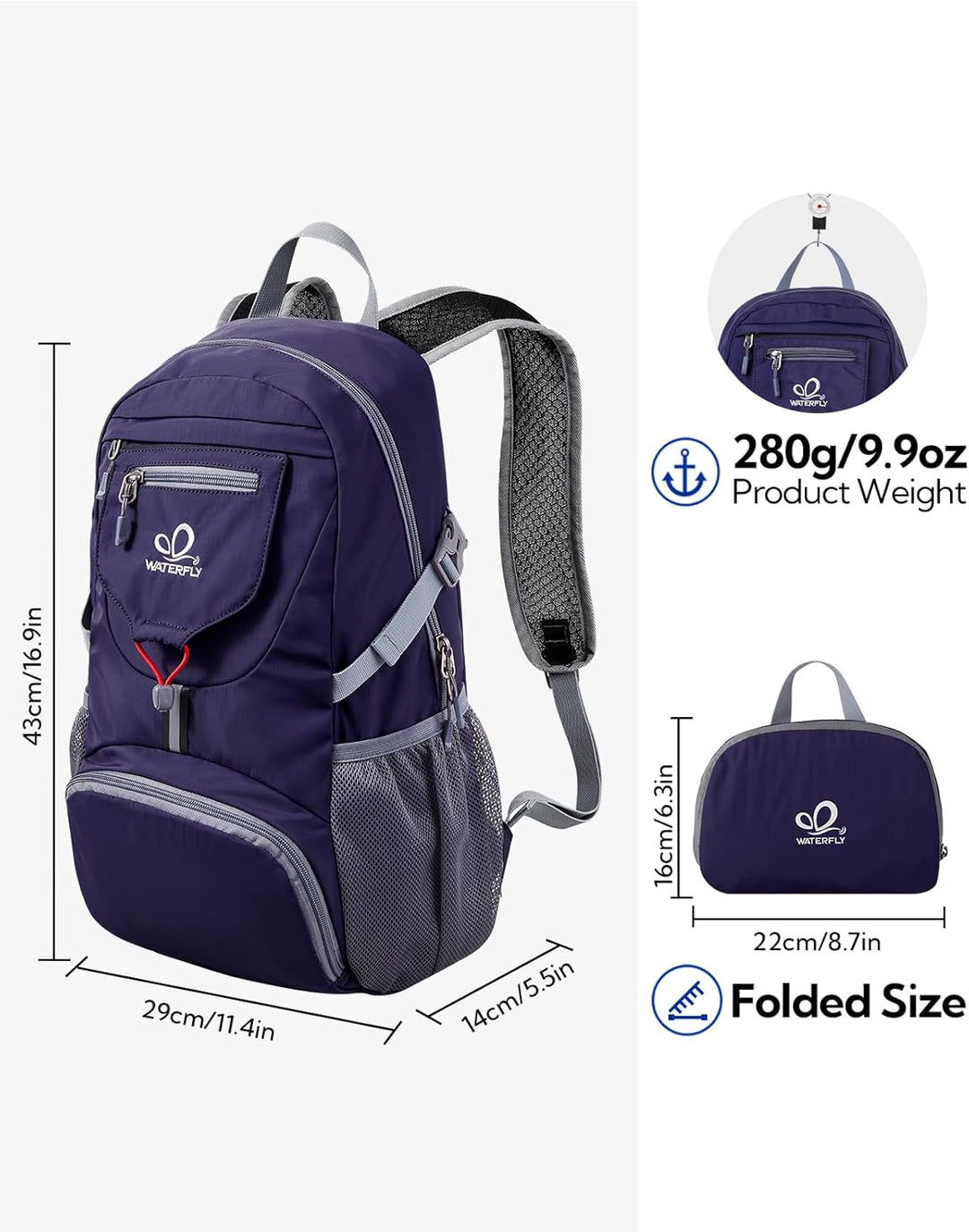 WATERFLY Ultraleicht Faltbar Klein Rucksack: 20L Leicht Packable Wanderrucksack Tagesrucksack Trekki