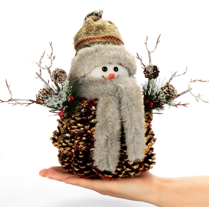 com-four® Schneemannfigur Grösse M Premium, winterliche Dekofigur mit Tannenzapfenkörper, Handmade l