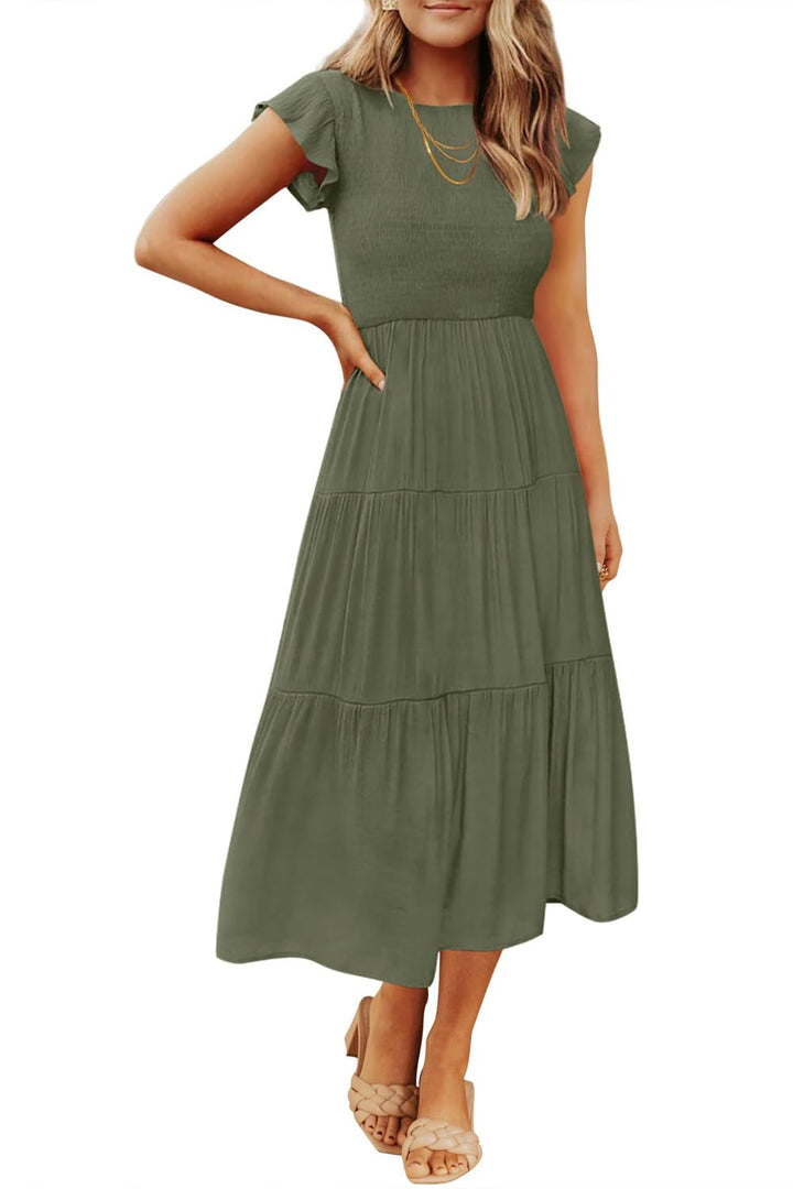 Damen Sommerkleid A Linie Kleider Kurzarm Kleid Midi Freizeitkleid Armeegrün S, Armeegrün S