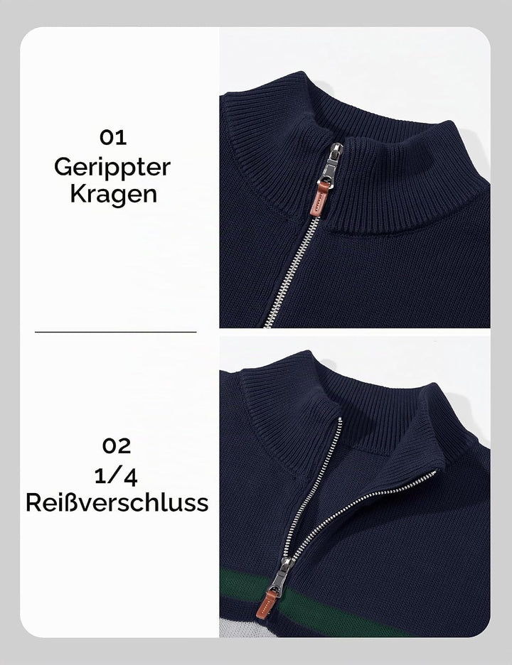 MAGCOMSEN Herren Strickpullover Stehkragen 1/4 Zip Pullover Gestreift Sweater Baumwolle Langarm Swea