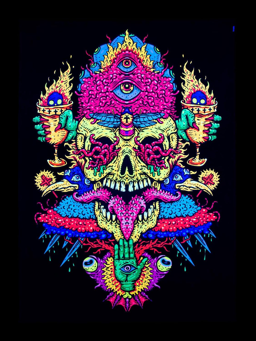 PSYWORK Schwarzlicht Stoffposter Neon | Trippy Fire Skull | 1,5 x 2,0m | UV-aktiv | fluoreszierend |