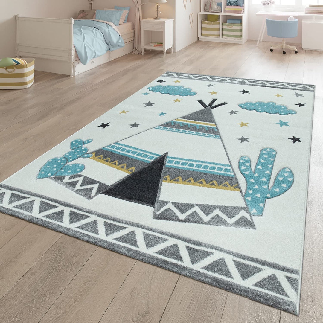 TT Home Kinder-Teppich, Kinderzimmer Pastell Farben, Tipi-Zelt Motiv 3-D, in Beige, Grösse:Ø 120 cm