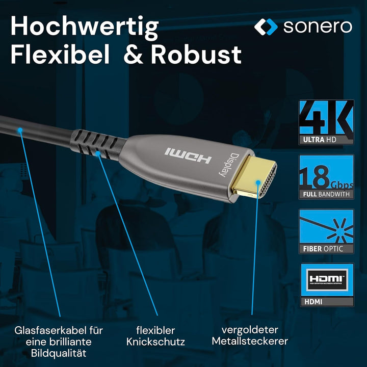 Sonero 20m HDMI Kabel 2.0b, Glasfaser Hybrid, UHD 2160P, 4K60Hz, 4:4:4, HDR, 18Gbps, schwarz 4K HDMI