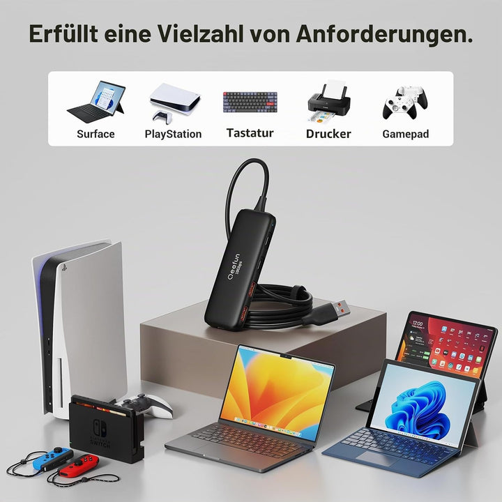 Qeefun 10Gbps USB Hub, 3.2 USB Hub mit 2 USB-C und 2 USB-A, USB 3.2 GEN 2 Splitter mit Type-C Power