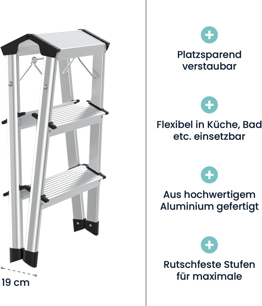 flexilife Trittleiter - Tritt Leiter Aluminium - Trittleiter 3 Stufen klappbar - Klappleiter bis 150