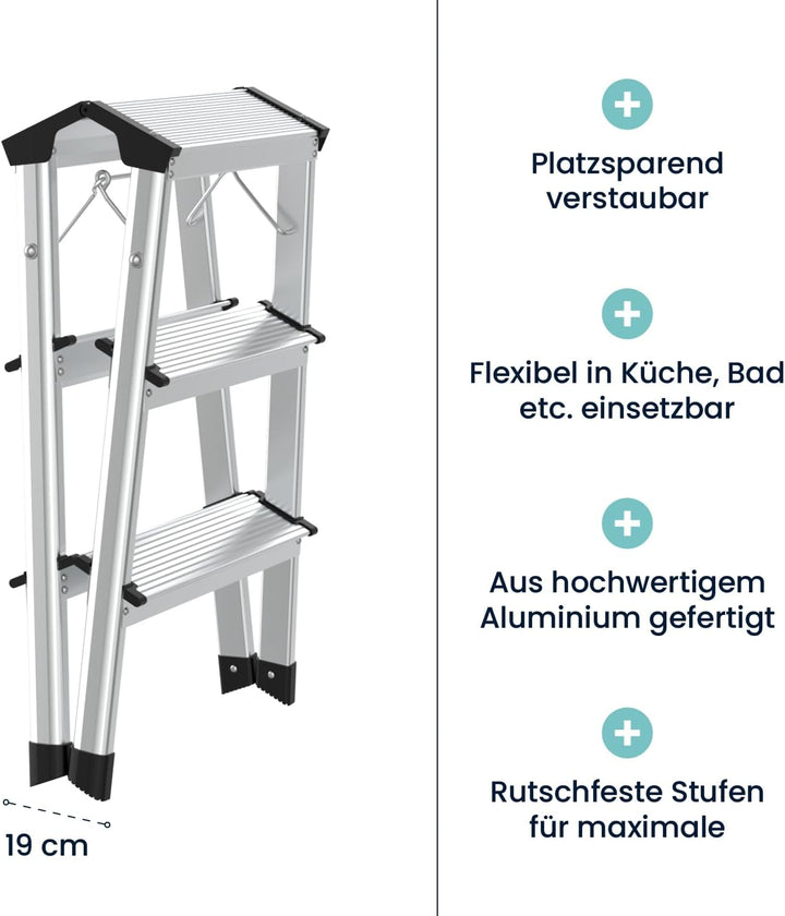 flexilife Trittleiter - Tritt Leiter Aluminium - Trittleiter 3 Stufen klappbar - Klappleiter bis 150