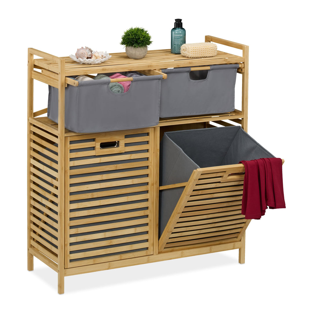 Relaxdays Wäschekorb, 2 kippbare Wäschesammler, je 40 Liter, 2 Schubladen, Bambus, Stoff, HBT: 95x88
