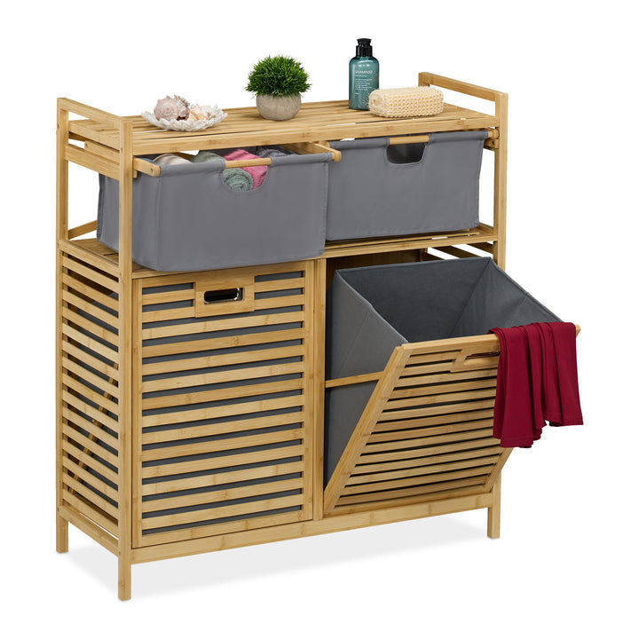 Relaxdays Wäschekorb, 2 kippbare Wäschesammler, je 40 Liter, 2 Schubladen, Bambus, Stoff, HBT: 95x88
