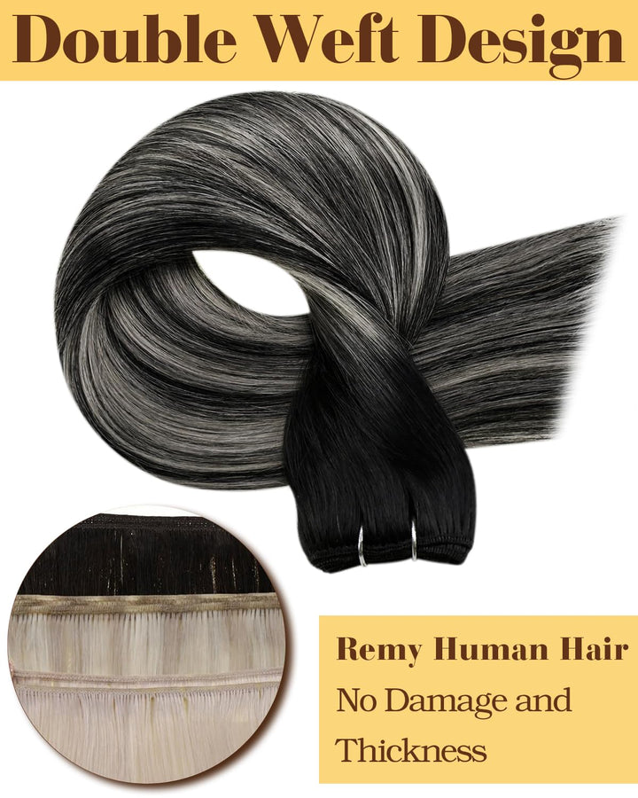 Hetto Tressen Echthaar Balayage Schwarz & Silber 50cm 100g - Für Komplette Verlängerungen, Robuste W