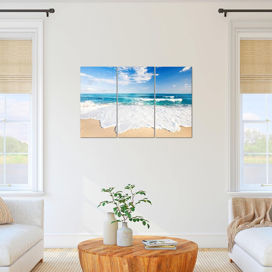 Runa Art Wandbilder Strand Meer Bild XXL Schlafzimmer Wohnzimmer Beige Blau Welle 120 x 80 cm 3 Teil