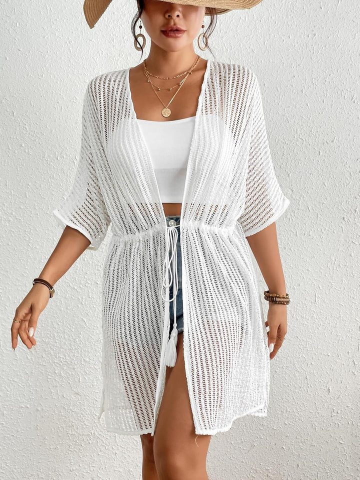 Bsubseach Damen Sexy Lace Crochet Open Front Badeanzug Strand Lange Kimono Cover Ups Weiss/Opulenter