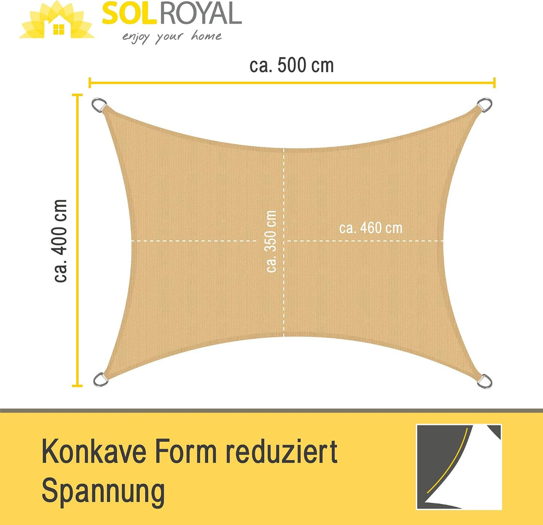 Sol Royal Sonnensegel rechteckig 4x5m Wasserdurchlässig HDPE Atmungsaktiver Balkon Terrasse Segeltuc