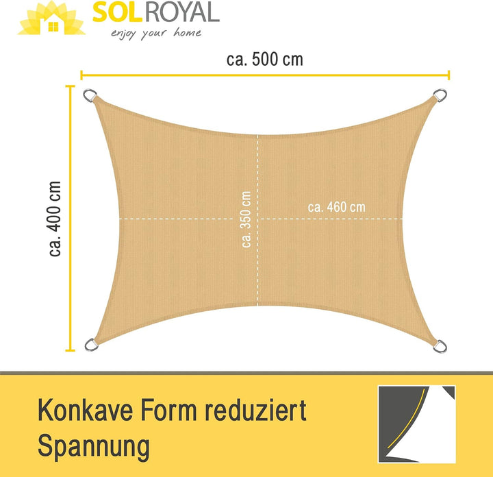 Sol Royal Sonnensegel rechteckig 4x5m Wasserdurchlässig HDPE Atmungsaktiver Balkon Terrasse Segeltuc