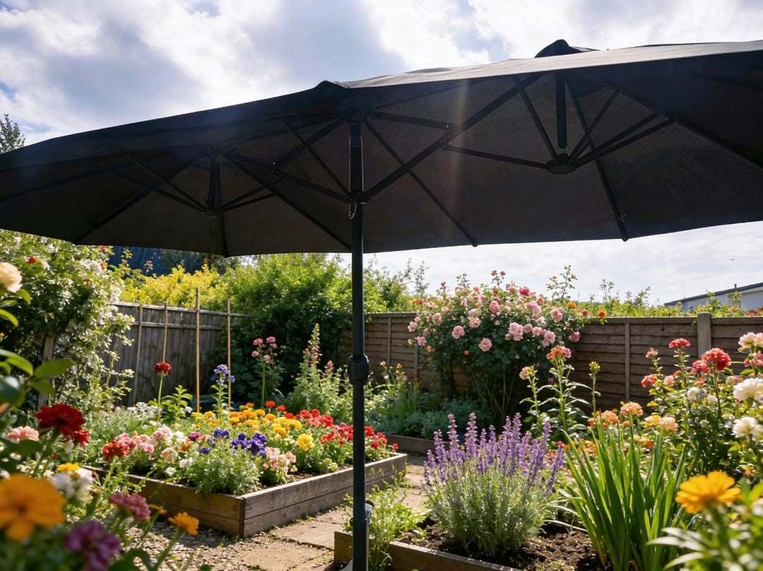 QMBasic Doppelsonnenschirm 4,6 x 2,7 m Oval Anthrazit Gartenschirm Kurbel Sonnenschirm Marktschirm T