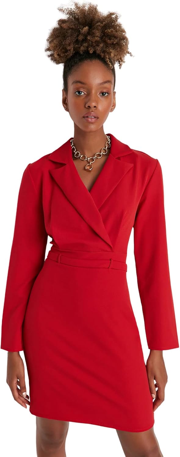 TRENDYOL Damen Woman Mini Bodycon Karrée-Ausschnitt Webstoff Kleid 34 Rot, 34 Rot