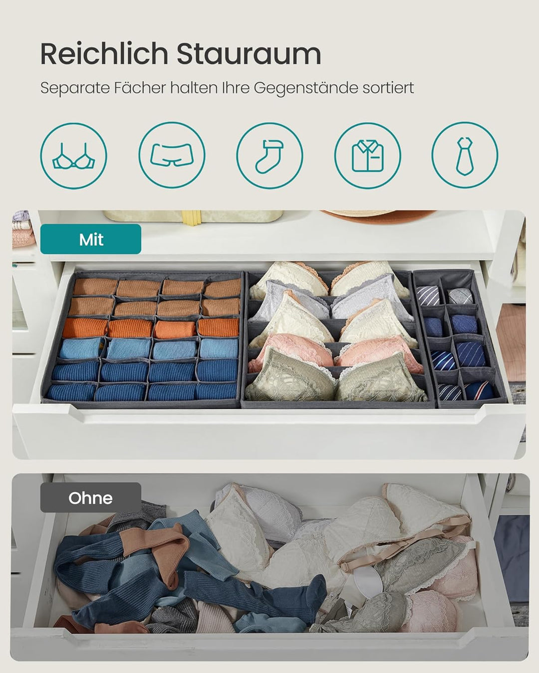 SONGMICS Unterwäsche-Organizer 8er Set, Schubladen-Organizer, faltbar, Ordnungssystem Kleiderschrank