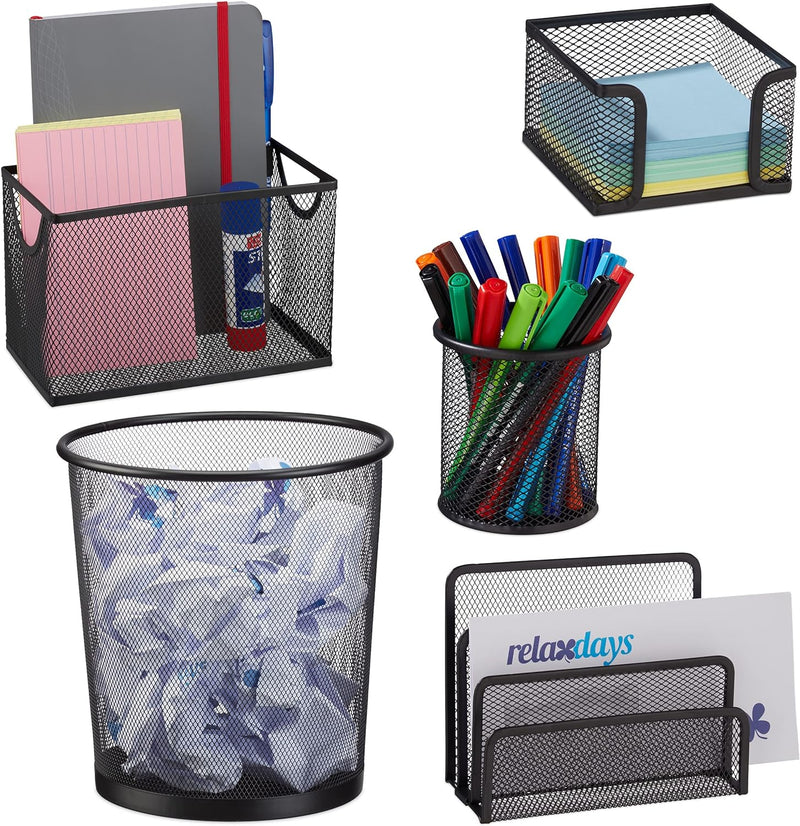 Relaxdays Schreibtisch Organizer 5er Set, Büro & Zuhause, Mülleimer, Bürobox, Briefhalter, Stifte-&