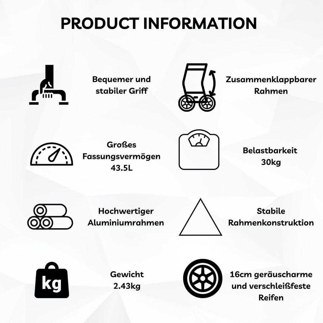 43.5Liter Aluminium Trolley Einkaufstrolley Klappbar, Shopping Trolley, Wasserabweisender Einkaufswa